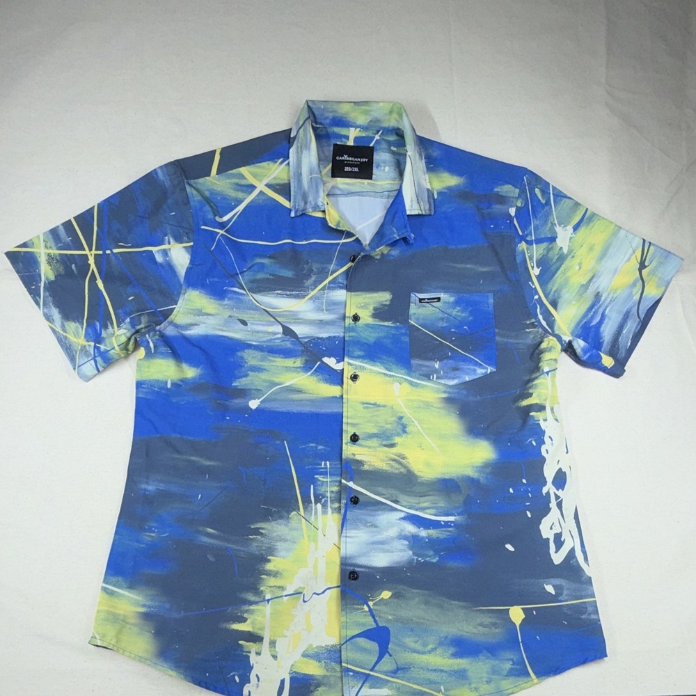 Caribbean Joy Men's 2XL‎ Regular Blue Yellow Abstract SS Button-Up Point Collar